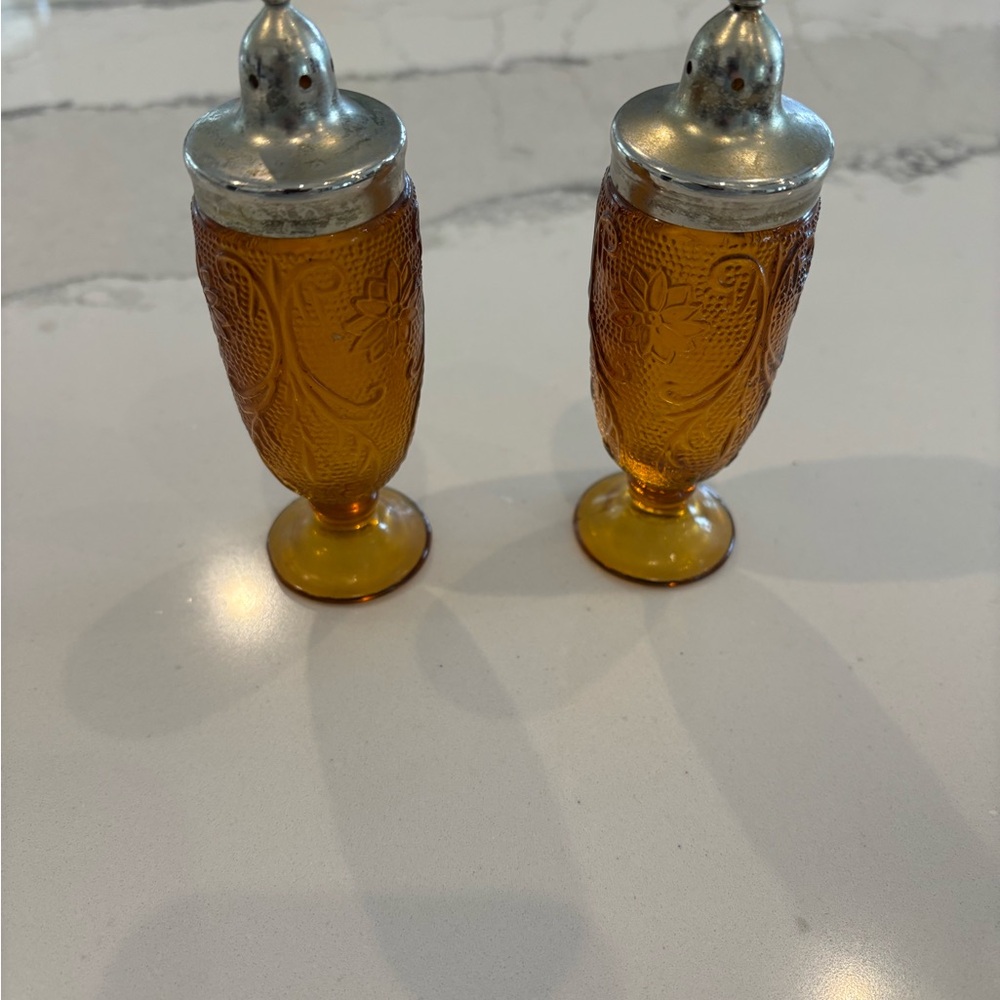 Indiana Glass Amber Footed Salt & Pepper Set with Floral Pattern